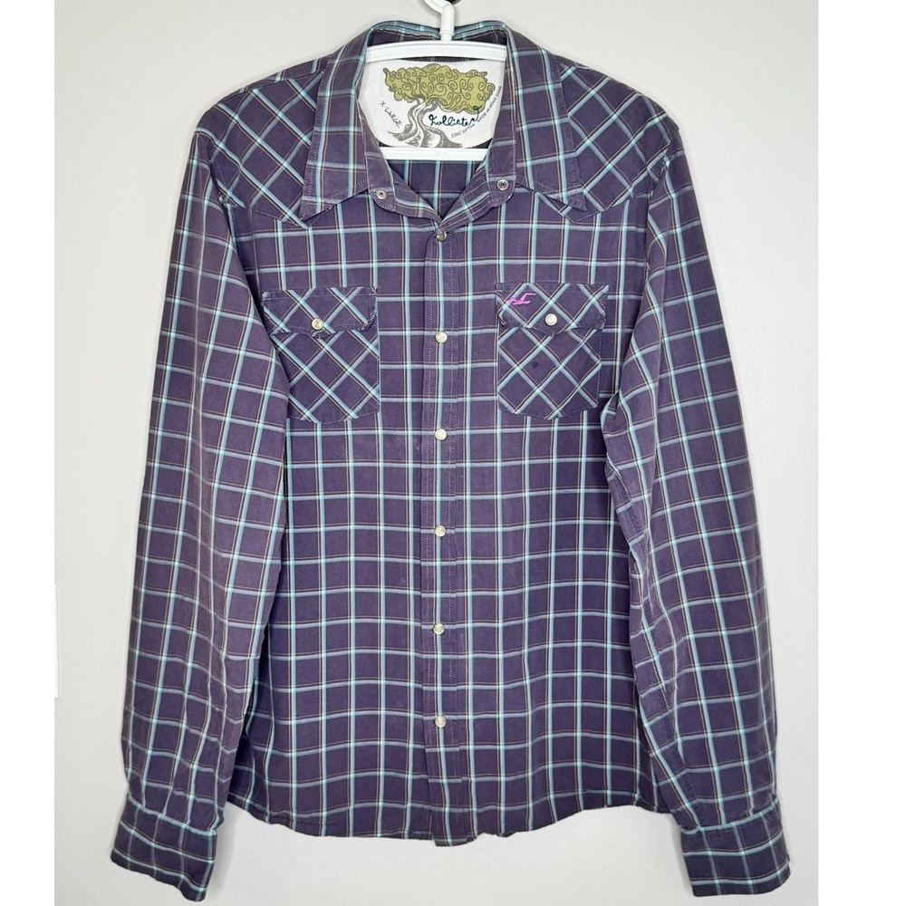 Y2K Hollister Purple Plaid Western Pearl Snap Shirt XL‎ 21x27 Vintage Inspired